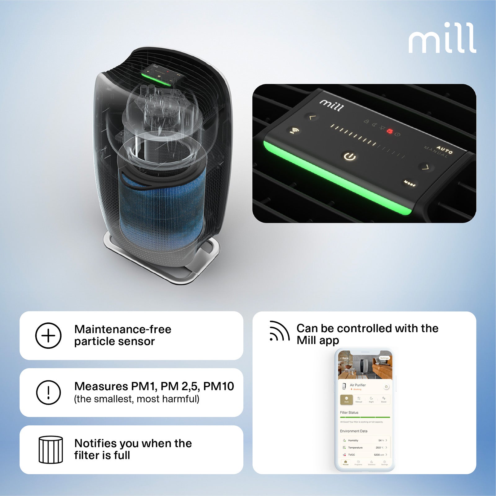 Mill Silent Pro Air Purifier with HEPA-13 Filter – ultra-quiet electric air purifier for allergy and asthma relief in Australian and New Zealand homes. Removes dust, bacteria, and fine particles, ideal for bedrooms and living rooms AU NZ.