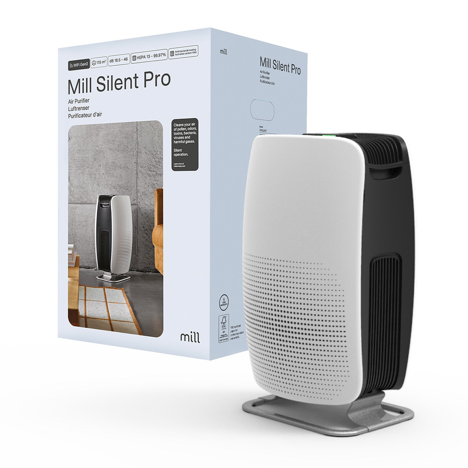 Mill Silent Pro Air Purifier with HEPA-13 Filter – ultra-quiet electric air purifier for allergy and asthma relief in Australian and New Zealand homes. Removes dust, bacteria, and fine particles, ideal for bedrooms and living rooms AU NZ.