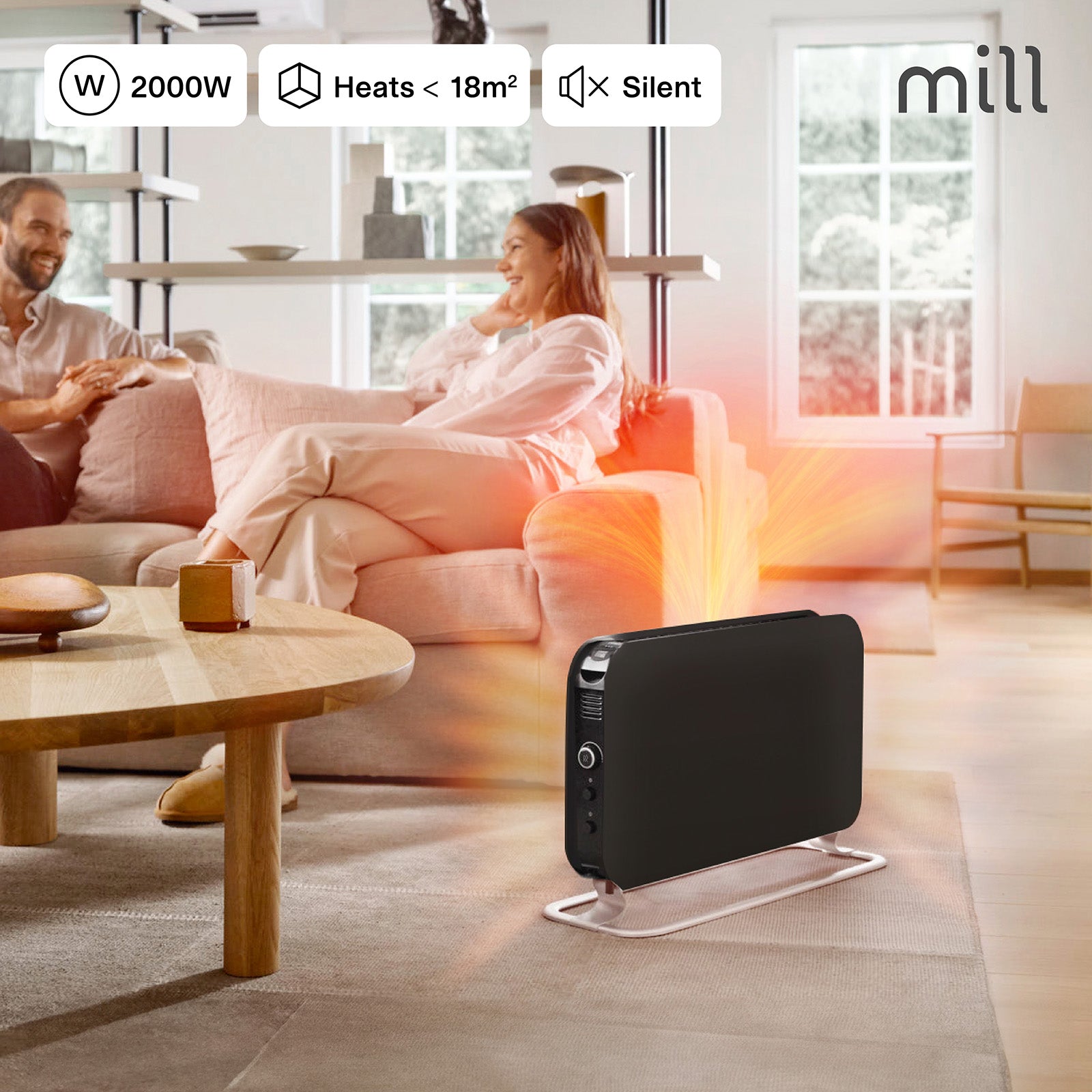 Mill 2000W Black Instant Convection Heater – modern black electric convection panel heater with LED display for large rooms in Australia and New Zealand. Fast heat-up, digital thermostat, wall mount, quiet operation AU NZ.