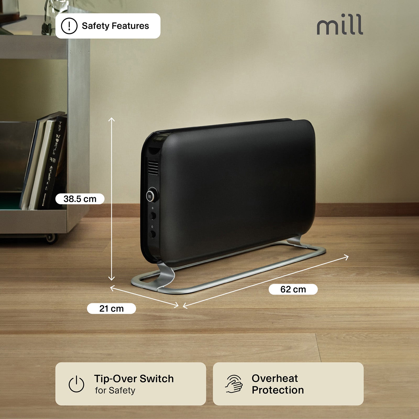 Mill 2000W Black Instant Convection Heater – modern black electric convection panel heater with LED display for large rooms in Australia and New Zealand. Fast heat-up, digital thermostat, wall mount, quiet operation AU NZ.