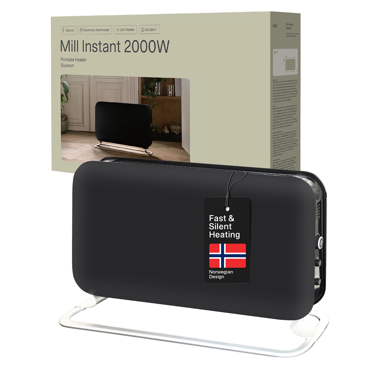 Mill 2000W Black Instant Convection Heater – modern black electric convection panel heater with LED display for large rooms in Australia and New Zealand. Fast heat-up, digital thermostat, wall mount, quiet operation AU NZ.