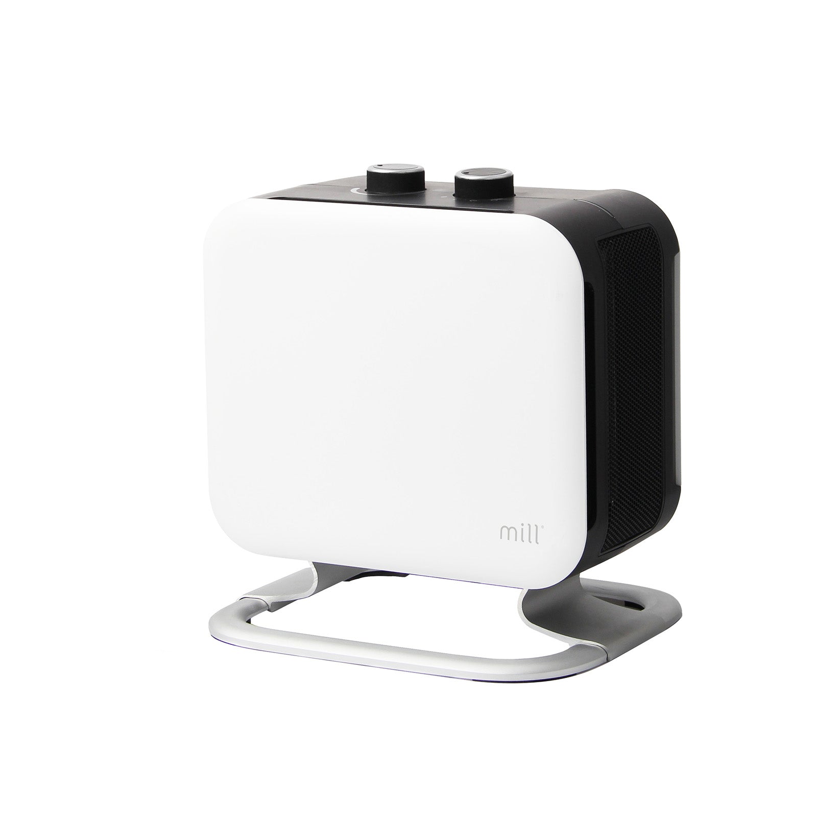 Mill 1800W White and Black Compact Fan Heater – powerful portable electric fan heater with fast heat output for small to medium rooms in Australia and New Zealand. Overheat protection, tip-over switch, compact design AU NZ.