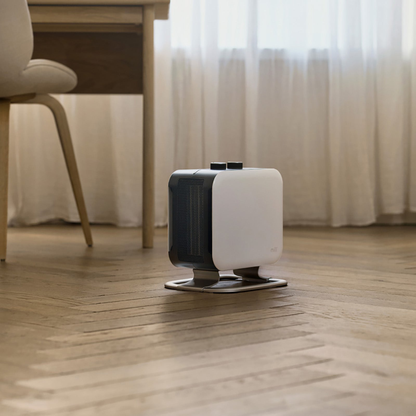 Mill 1800W White and Black Compact Fan Heater – powerful portable electric fan heater with fast heat output for small to medium rooms in Australia and New Zealand. Overheat protection, tip-over switch, compact design AU NZ.