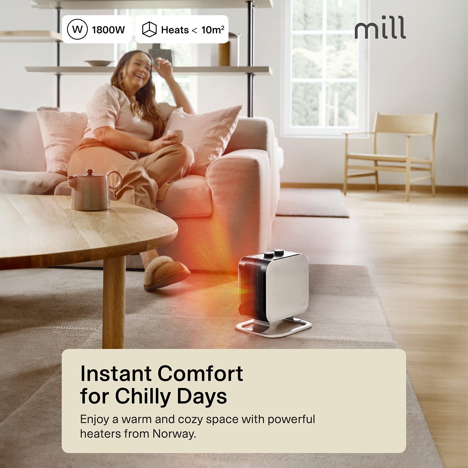 Mill 1800W White and Black Compact Fan Heater – powerful portable electric fan heater with fast heat output for small to medium rooms in Australia and New Zealand. Overheat protection, tip-over switch, compact design AU NZ.