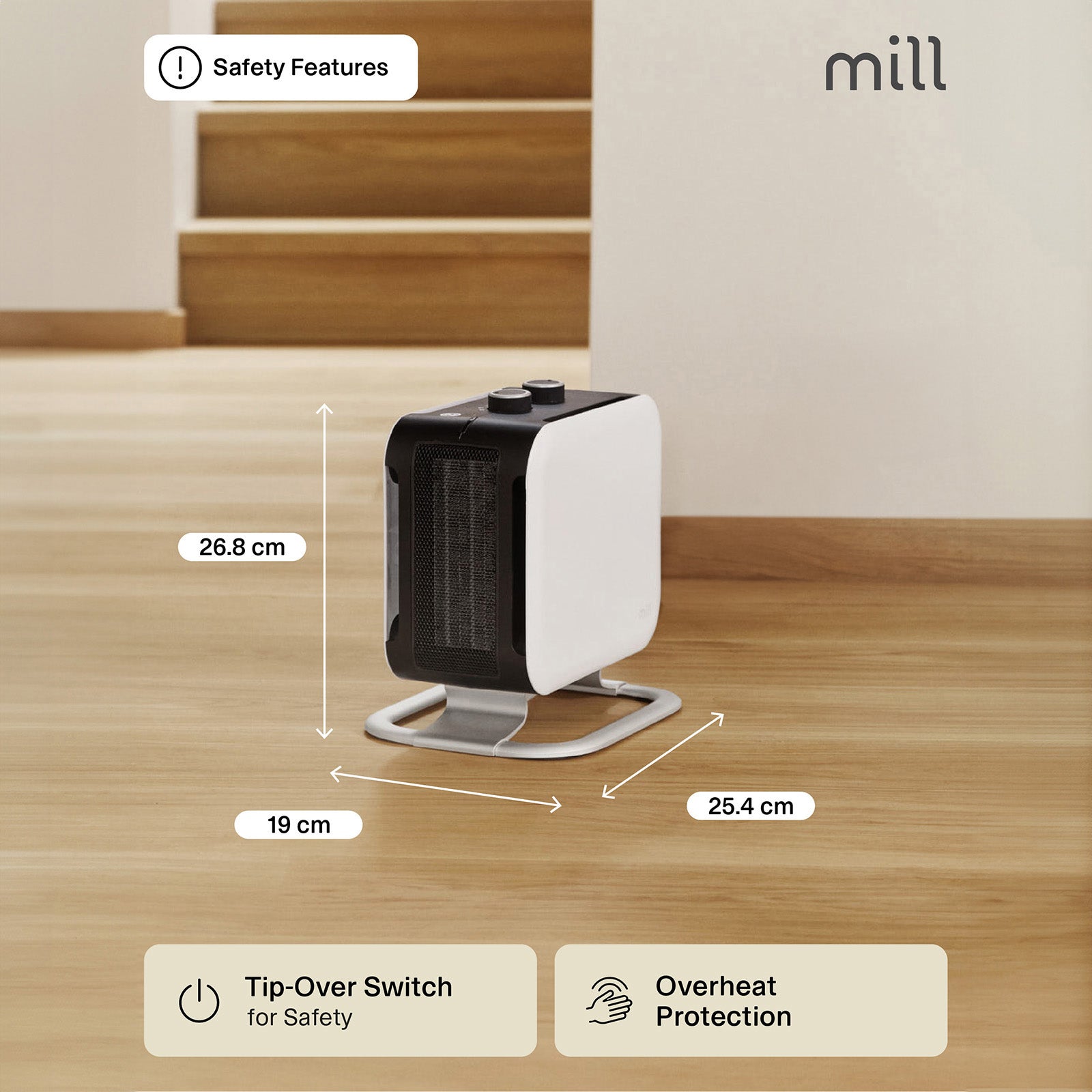 Mill 1800W White and Black Compact Fan Heater – powerful portable electric fan heater with fast heat output for small to medium rooms in Australia and New Zealand. Overheat protection, tip-over switch, compact design AU NZ.