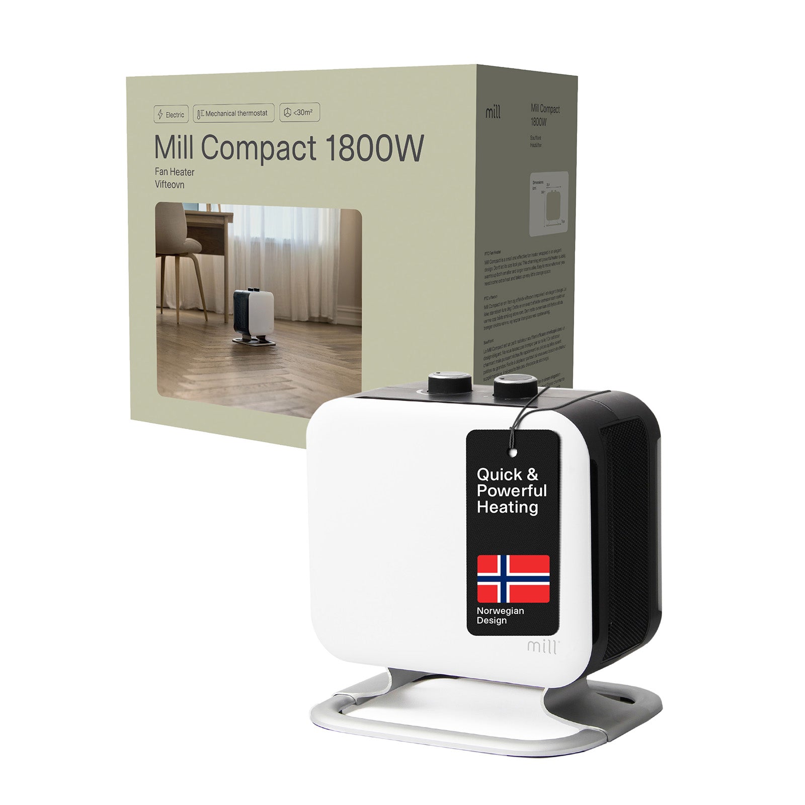 Mill 1800W White and Black Compact Fan Heater – powerful portable electric fan heater with fast heat output for small to medium rooms in Australia and New Zealand. Overheat protection, tip-over switch, compact design AU NZ.
