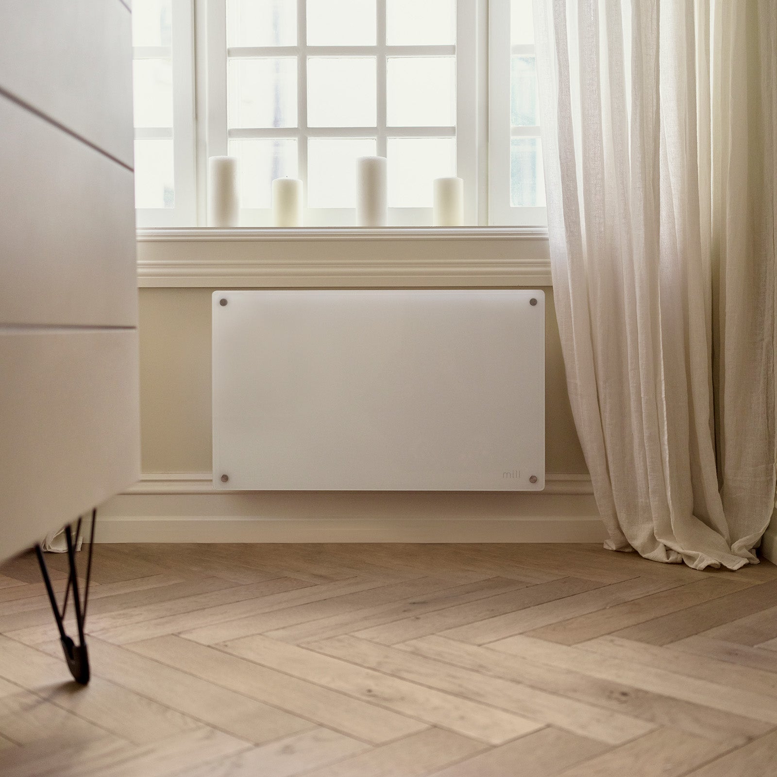 Mill 600W Smart Wi-Fi Glass Panel Heater – contemporary glass front electric heater with app control for small rooms up to 10m² in Australia and New Zealand. Wi-Fi enabled, IPX4 bathroom rated, child lock AU NZ.