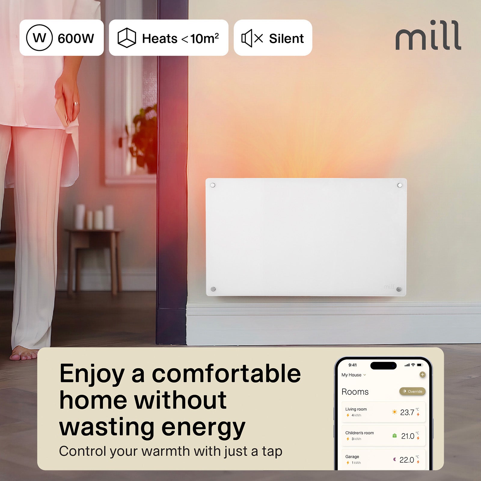 Mill 600W Smart Wi-Fi Glass Panel Heater – contemporary glass front electric heater with app control for small rooms up to 10m² in Australia and New Zealand. Wi-Fi enabled, IPX4 bathroom rated, child lock AU NZ.