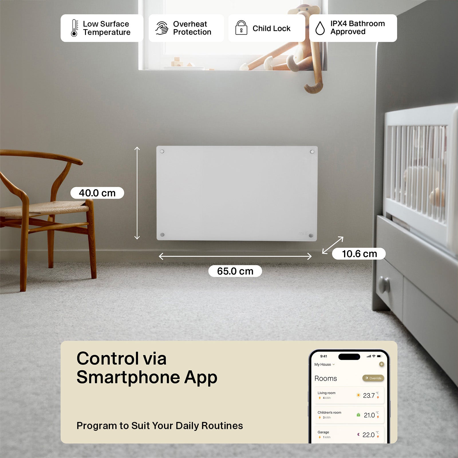 Mill 600W White Smart Wi-Fi Glass Panel Heater