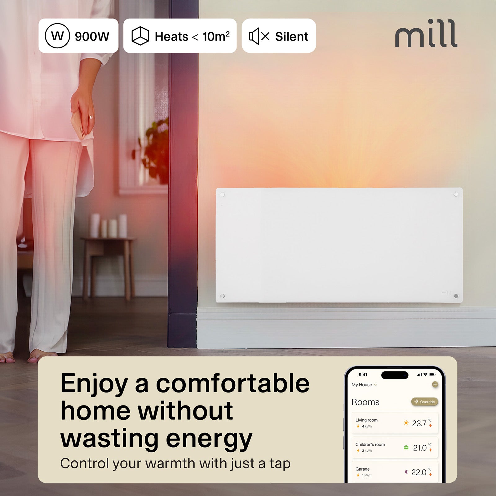 Mill 900W Smart Wi-Fi Glass Panel Heater – sleek glass front electric panel heater with app control for rooms up to 10m² in Australia and New Zealand. Wi-Fi smart heater, IPX4 bathroom approved, child lock AU NZ.