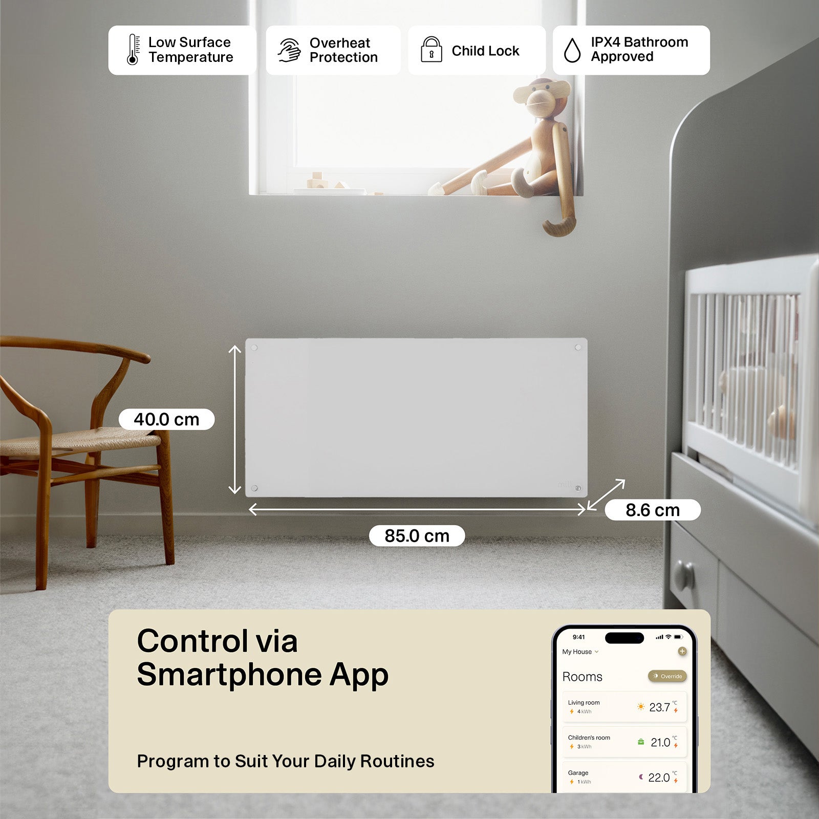 Mill 900W White Smart Wi-Fi Glass Panel Heater