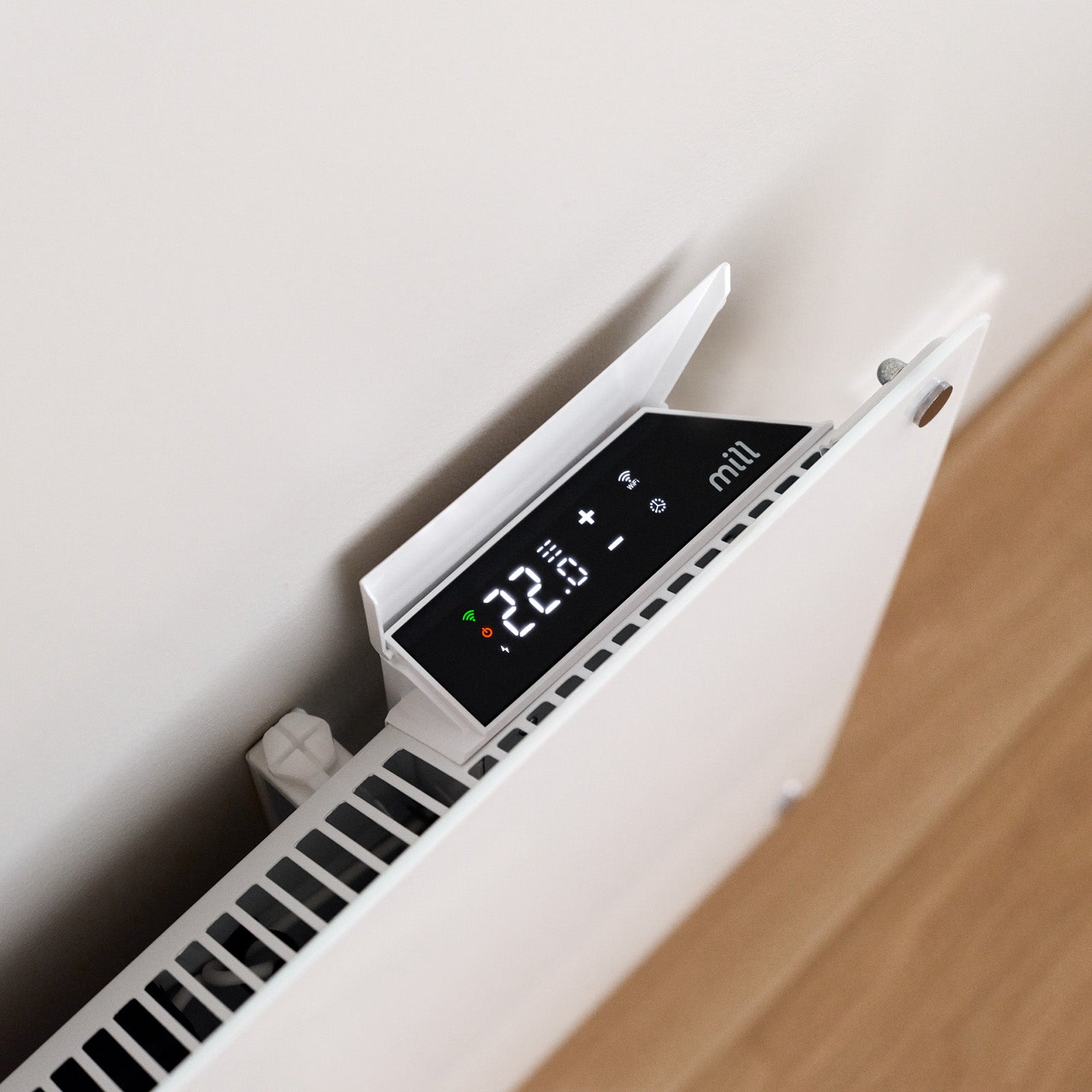 Mill 900W Smart Wi-Fi Glass Panel Heater – sleek glass front electric panel heater with app control for rooms up to 10m² in Australia and New Zealand. Wi-Fi smart heater, IPX4 bathroom approved, child lock AU NZ.