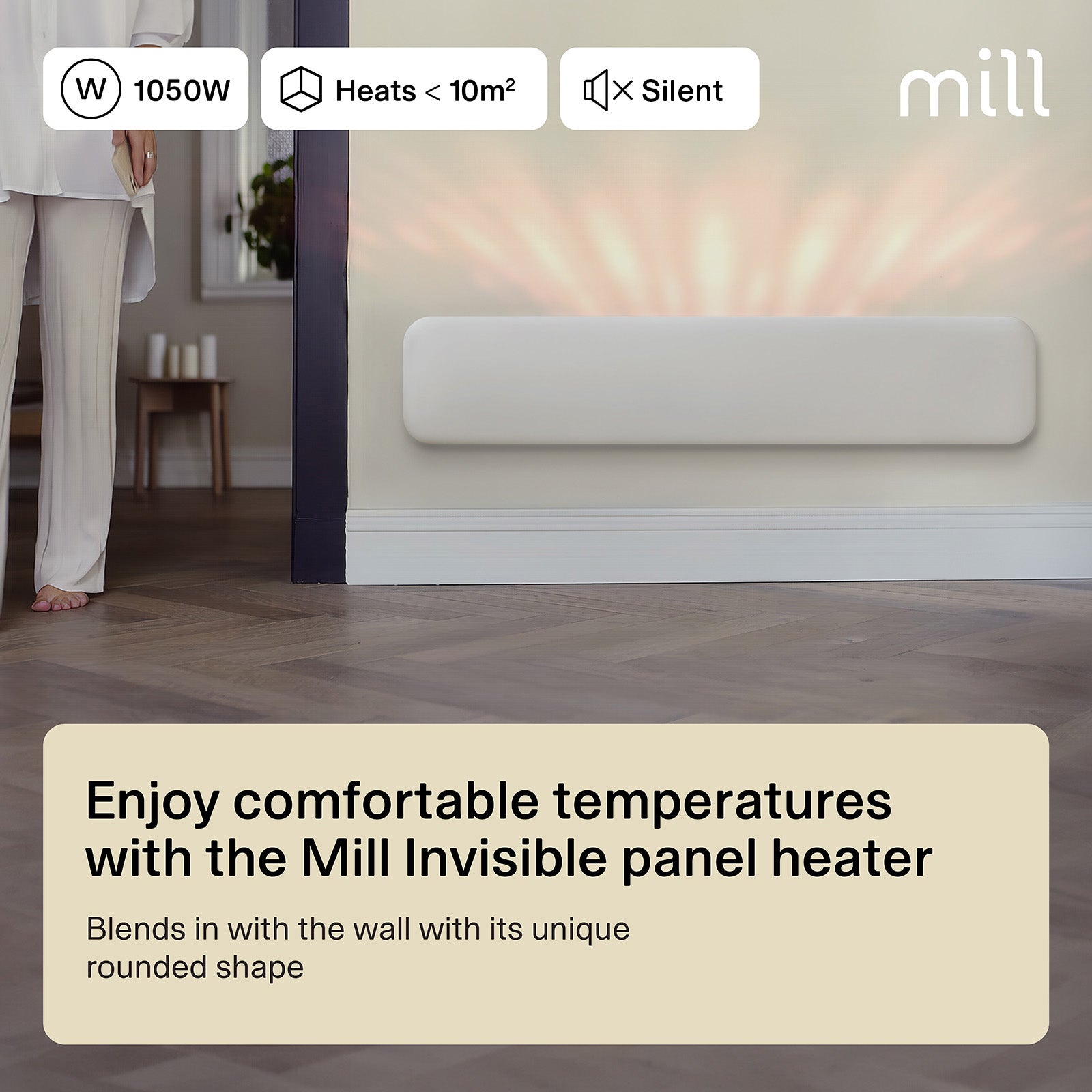 Mill 1050W Invisible Panel Heater wall mount – efficient Scandinavian electric panel heater for small rooms up to 10m² in Australia and New Zealand. IPX4 bathroom safe, digital thermostat, overheat protection AU NZ.