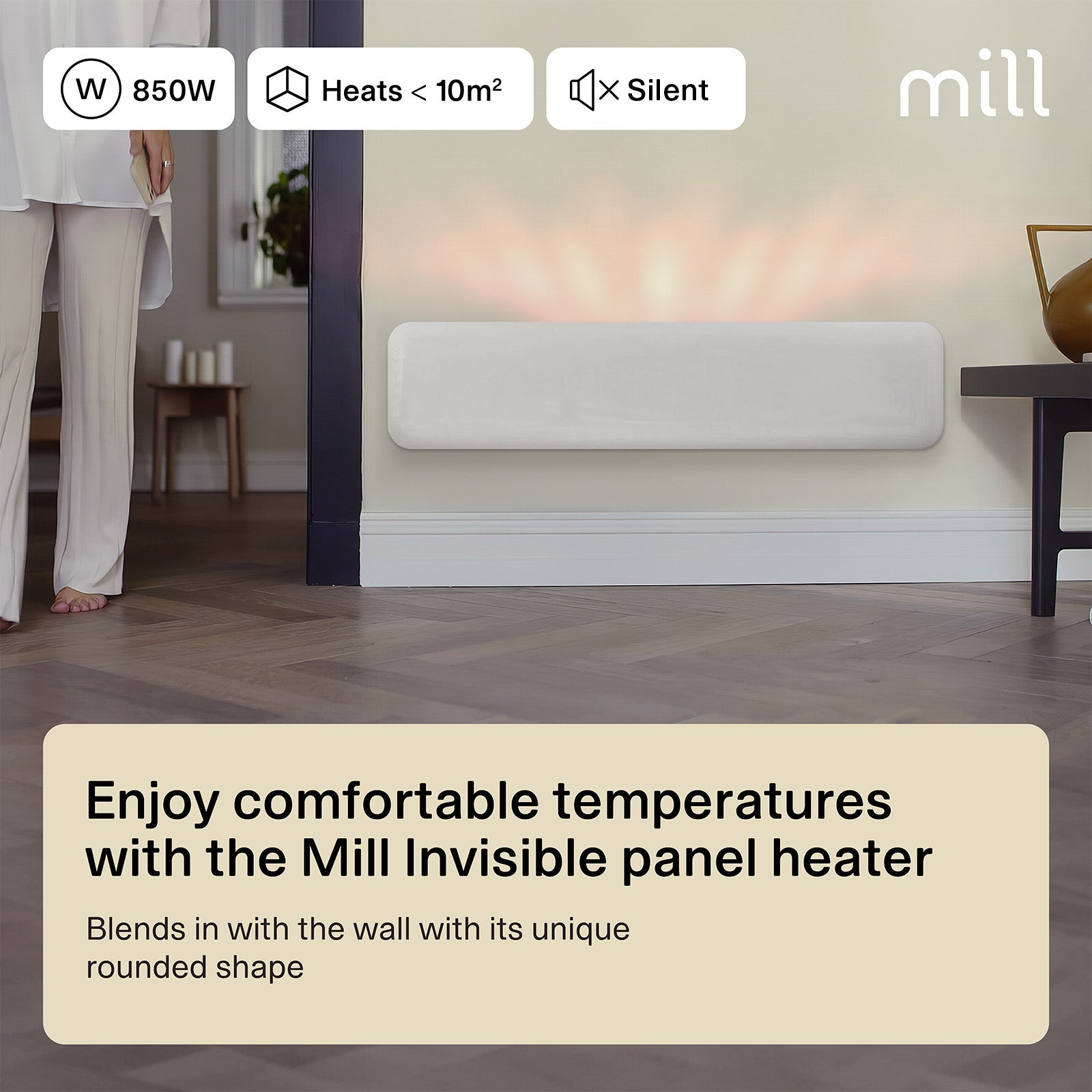 Mill 850W Invisible Panel Heater wall mount – compact Scandinavian electric heater for small rooms up to 10m² in Australia and New Zealand. IPX4 bathroom rated, digital thermostat, low surface temperature AU NZ.