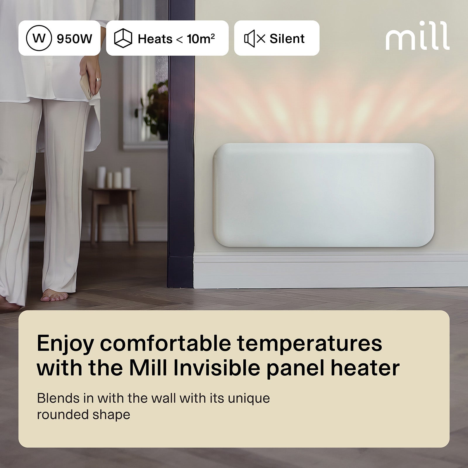Mill 950W Invisible Panel Heater for Australian and New Zealand homes – elegant Scandinavian design electric panel heater with digital thermostat, IPX4 bathroom rating, overheat protection, and quiet operation. Wall mount electric heater AU NZ.