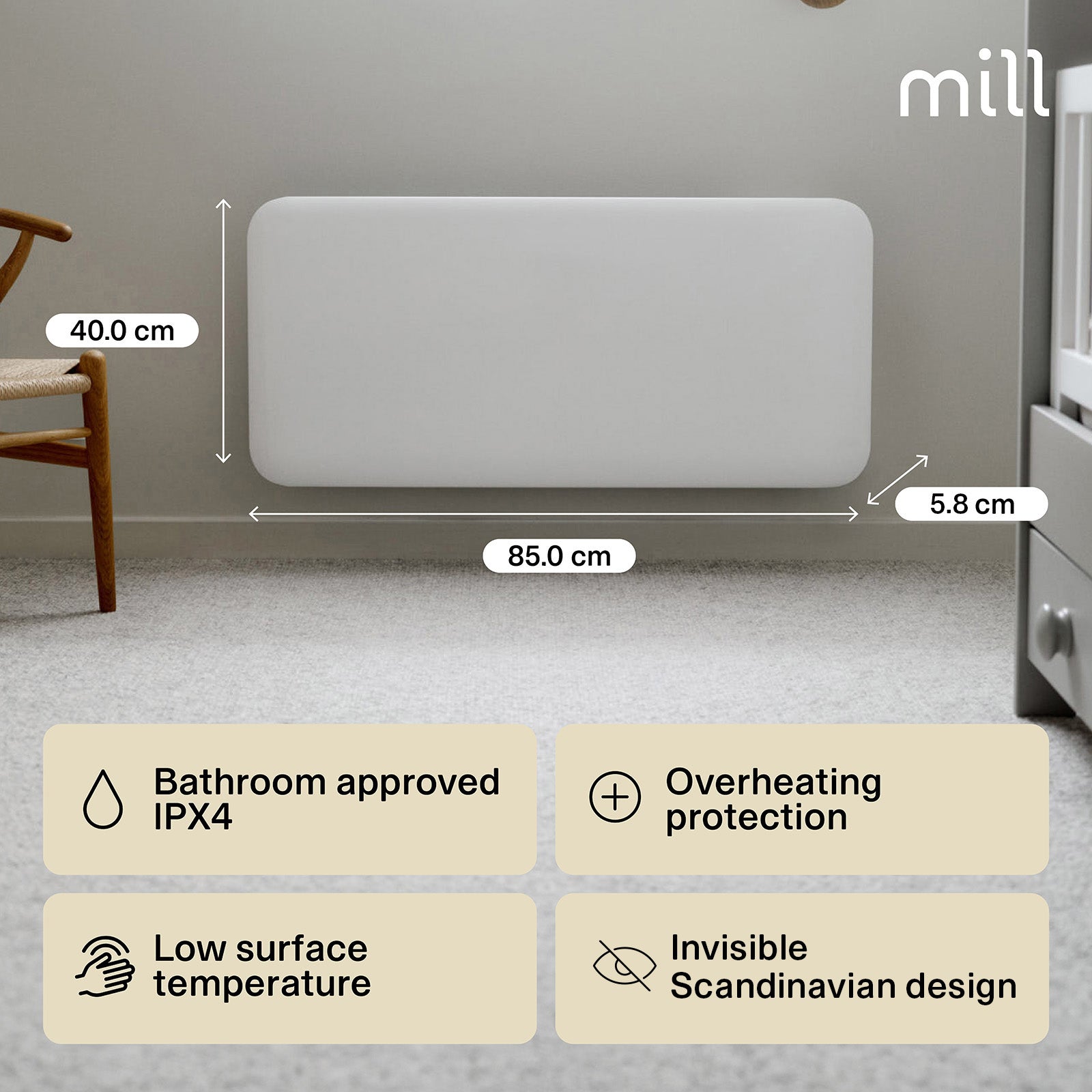 Mill 950W White Invisible Panel Heater