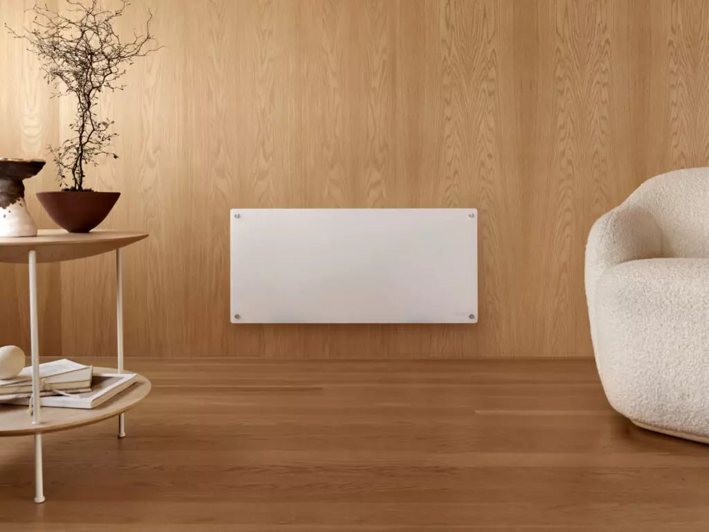 Mill 900W Smart Wi-Fi Glass Panel Heater – sleek glass front electric panel heater with app control for rooms up to 10m² in Australia and New Zealand. Wi-Fi smart heater, IPX4 bathroom approved, child lock AU NZ.