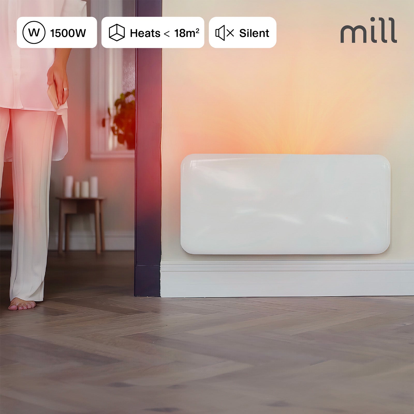 Mill 1500W Invisible Panel Heater wall mount and portable – Scandinavian electric heater for small to medium rooms up to 18m² in Australia and New Zealand. IPX4 bathroom safe, digital thermostat, 24hr timer, quiet operation AU NZ.