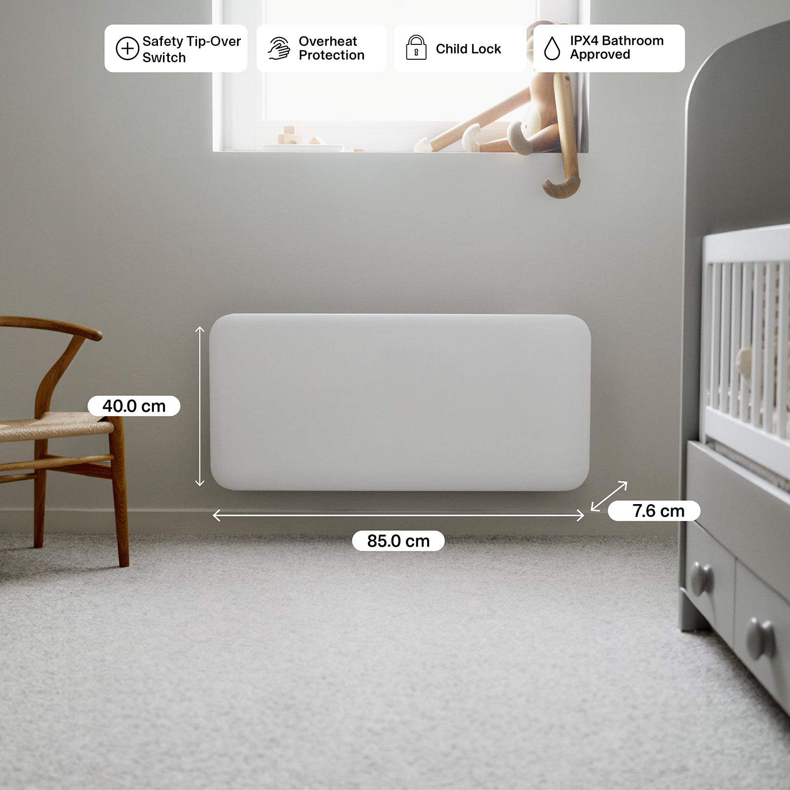Mill 1500W Invisible Panel Heater wall mount and portable – Scandinavian electric heater for small to medium rooms up to 18m² in Australia and New Zealand. IPX4 bathroom safe, digital thermostat, 24hr timer, quiet operation AU NZ.