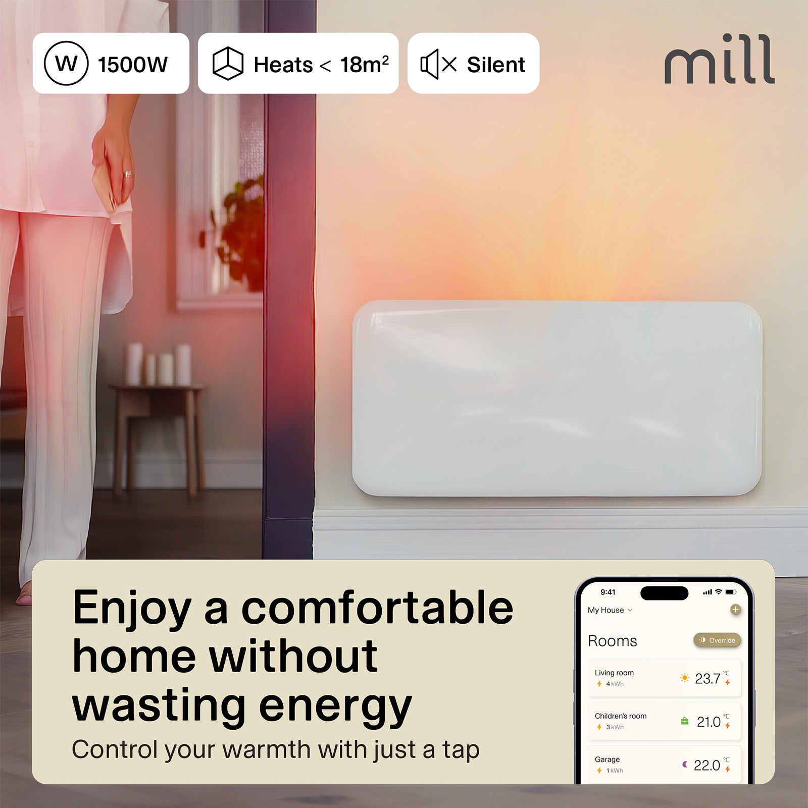 Mill 1500W White Smart Wi-Fi Invisible Panel Heater wall mount and portable – sleek white Scandinavian electric heater with Wi-Fi app control for rooms up to 18m² in Australia and New Zealand. IPX4 bathroom rated, child lock, quiet operation AU NZ.