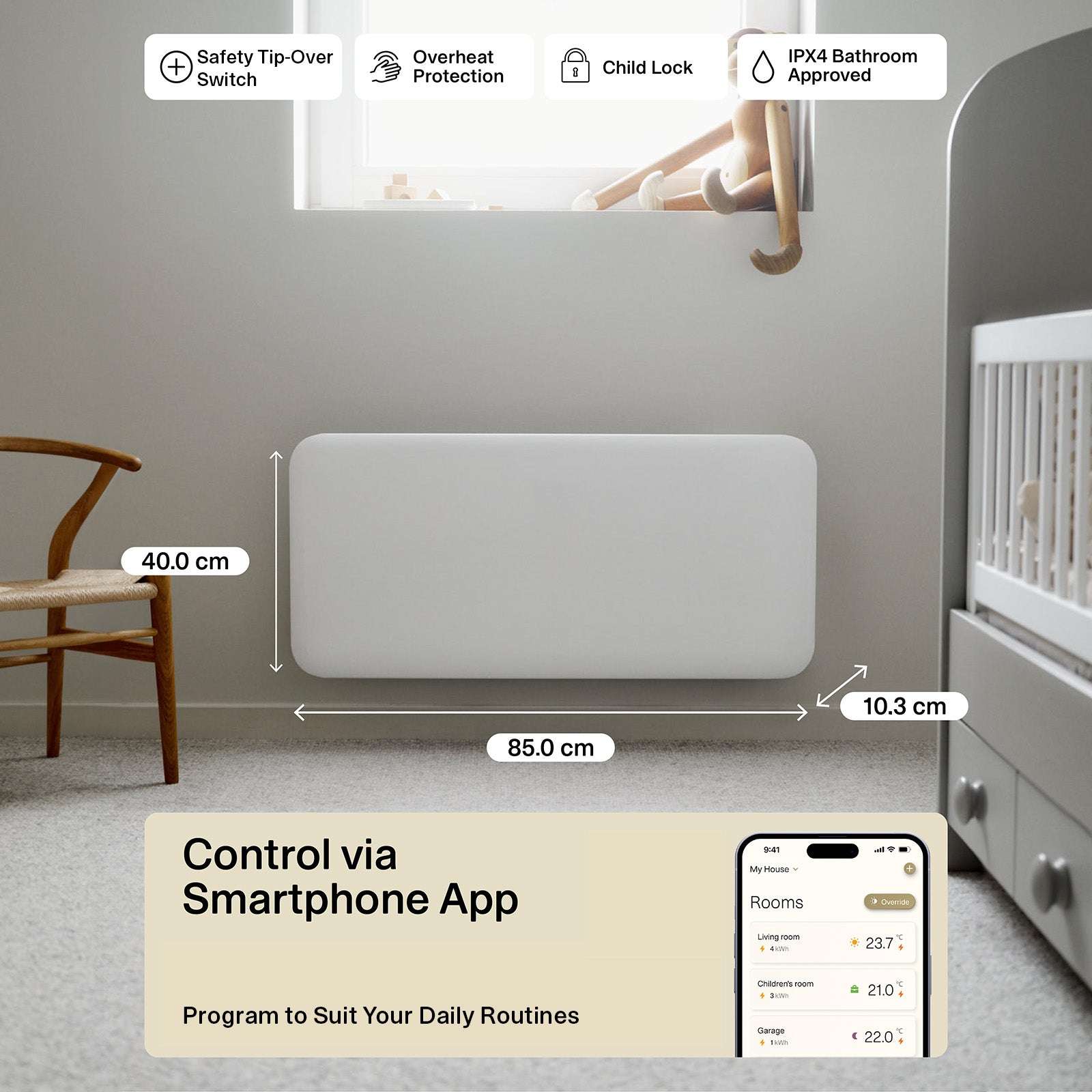 Mill 1500W White Smart Wi-Fi Invisible Panel Heater wall mount and portable – sleek white Scandinavian electric heater with Wi-Fi app control for rooms up to 18m² in Australia and New Zealand. IPX4 bathroom rated, child lock, quiet operation AU NZ.