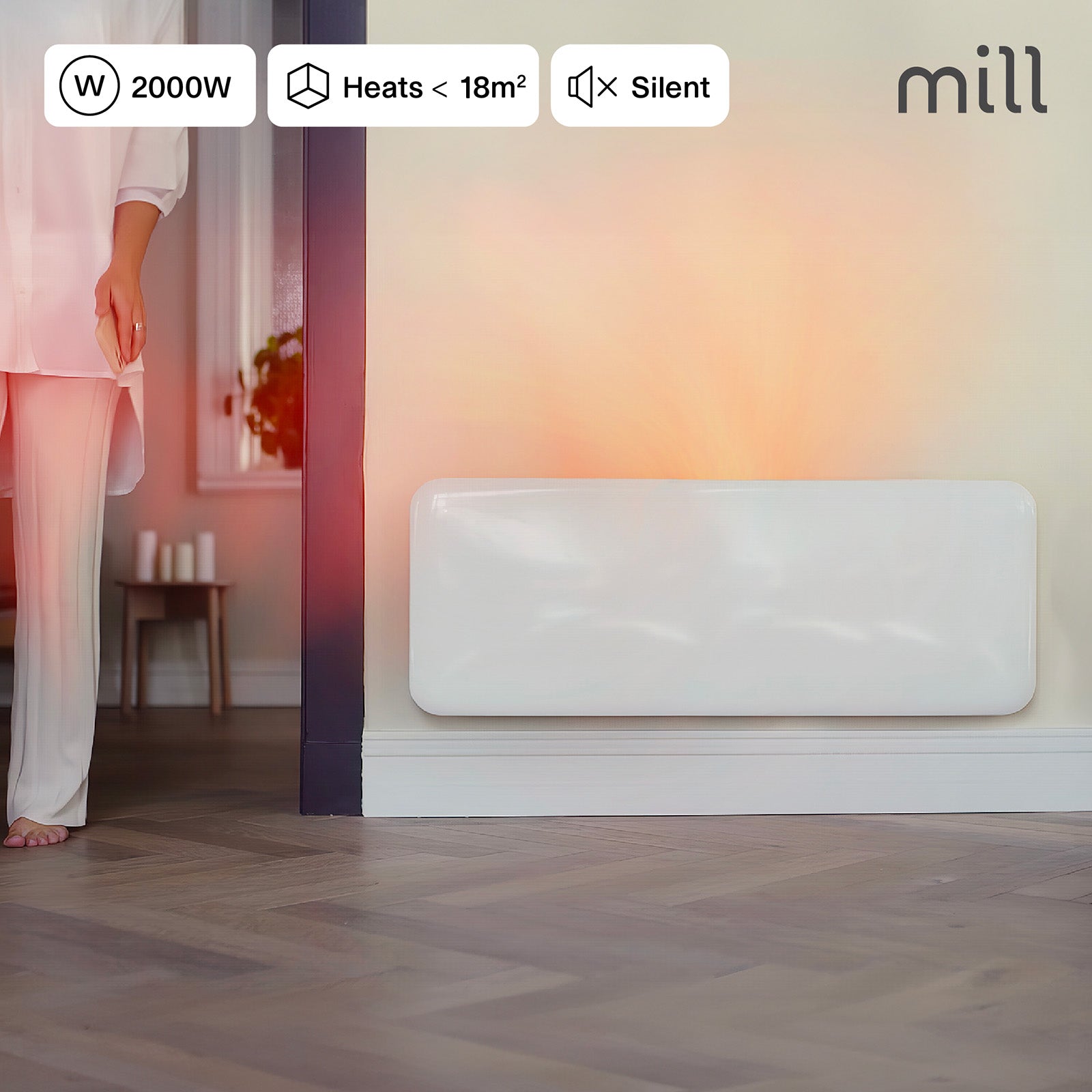 Mill 2000W Invisible Panel Heater wall mount and portable – powerful Scandinavian electric heater for large rooms up to 28m² in Australia and New Zealand. IPX4 bathroom approved, digital thermostat, 24hr timer AU NZ.