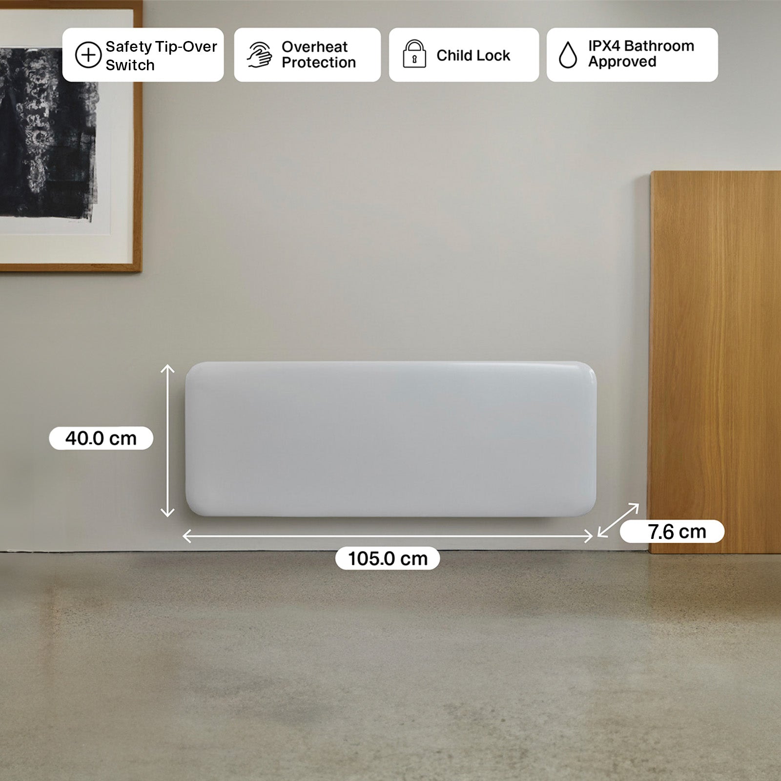 Mill 2000W Invisible Panel Heater wall mount and portable – powerful Scandinavian electric heater for large rooms up to 28m² in Australia and New Zealand. IPX4 bathroom approved, digital thermostat, 24hr timer AU NZ.