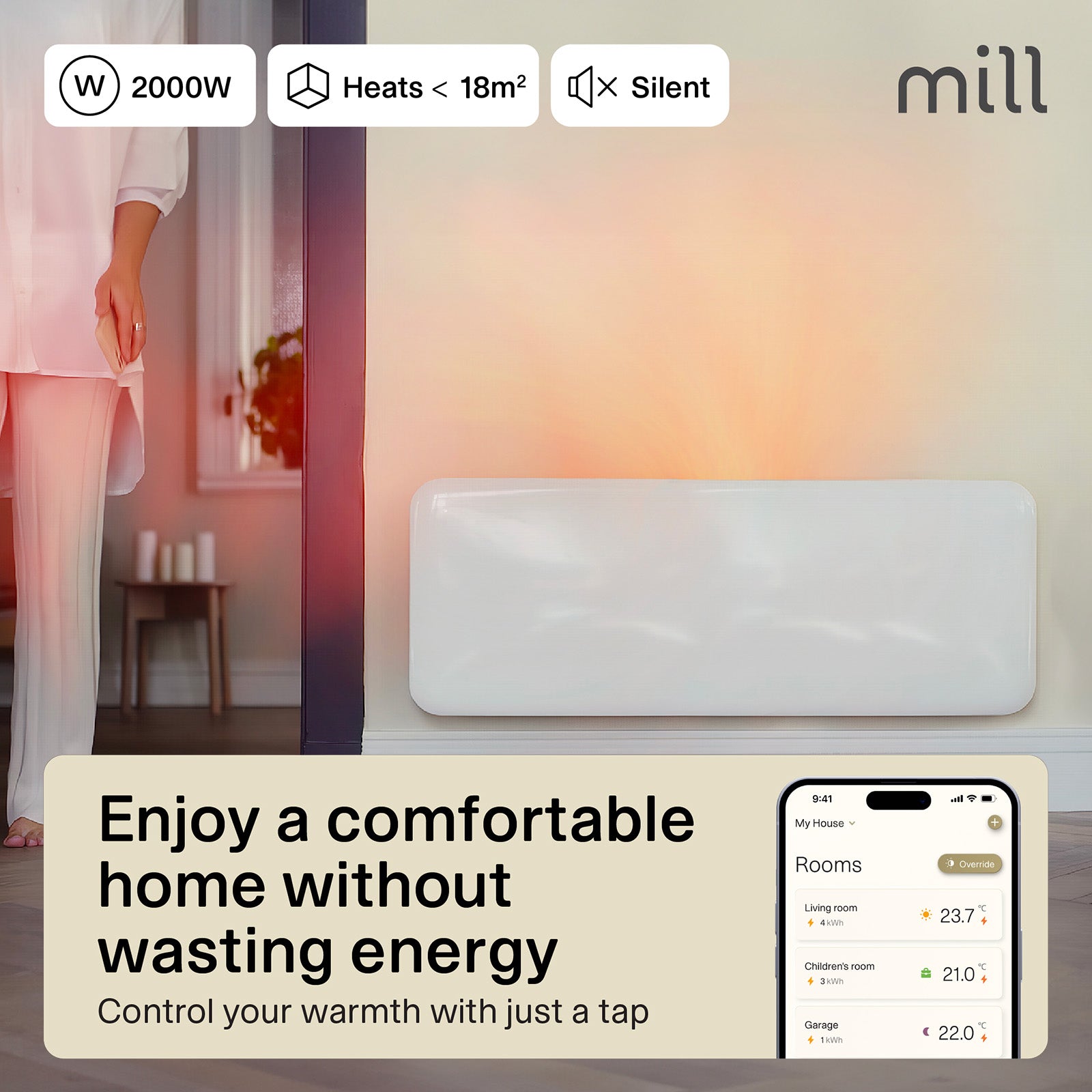 Mill 2000W Invisible Panel Heater wall mount and portable – powerful Scandinavian electric heater for large rooms up to 28m² in Australia and New Zealand. IPX4 bathroom approved, digital thermostat, 24hr timer AU NZ.