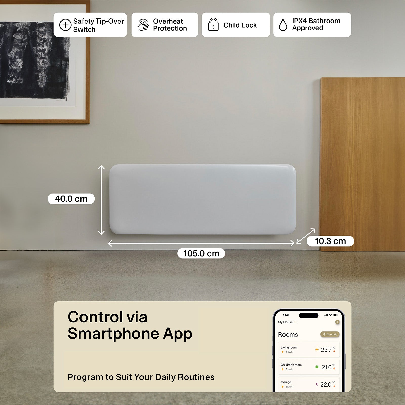 Mill 2000W Invisible Panel Heater wall mount and portable – powerful Scandinavian electric heater for large rooms up to 28m² in Australia and New Zealand. IPX4 bathroom approved, digital thermostat, 24hr timer AU NZ.