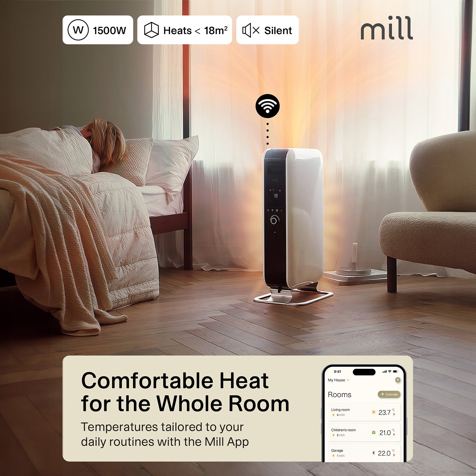 Mill 1500W Smart Wi-Fi Gentle Air Oil Heater – allergy-friendly portable electric oil column heater with Wi-Fi app control for medium rooms up to 18m² in Australia and New Zealand. Heat Boost Technology, quiet operation AU NZ.