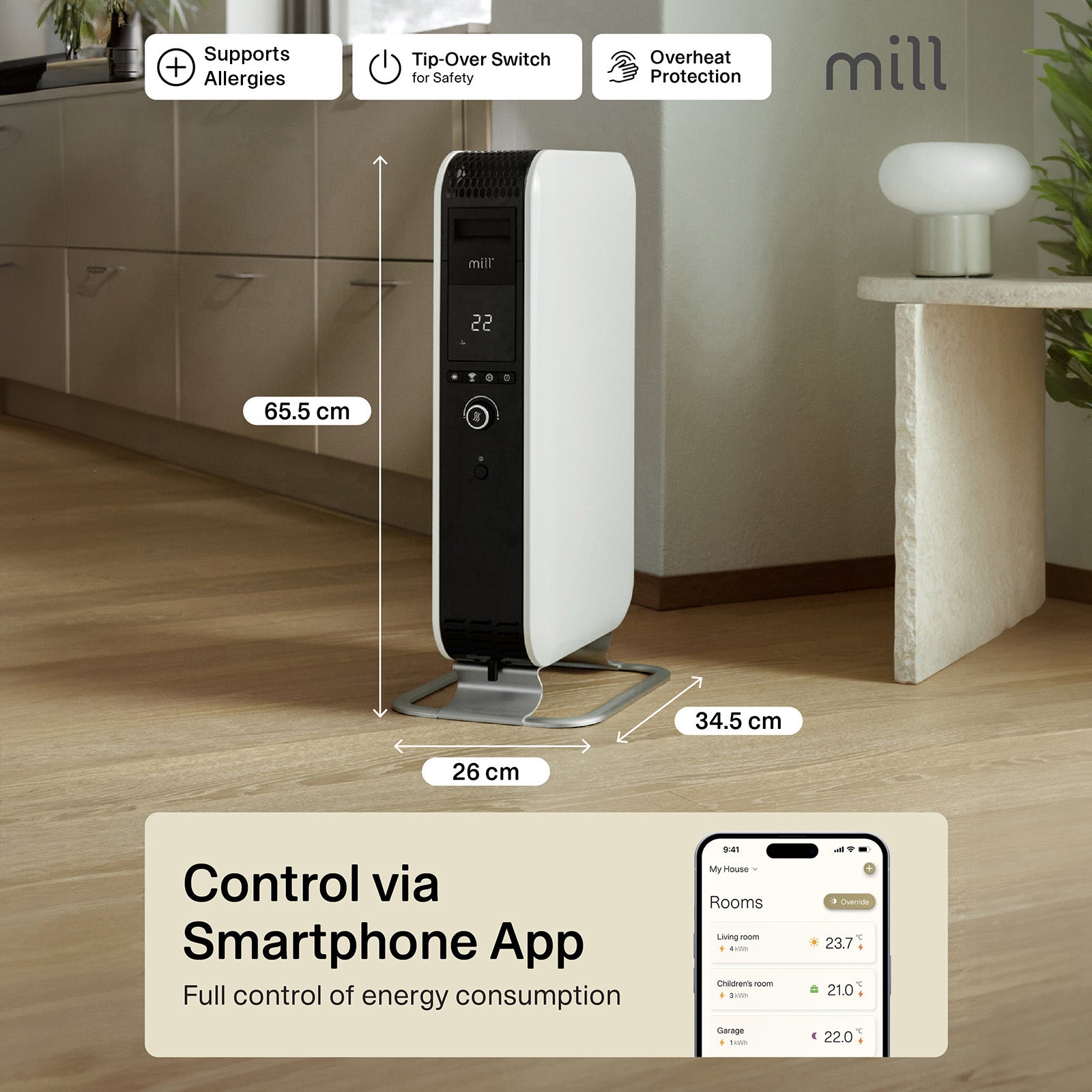 Mill 1500W Smart Wi-Fi Gentle Air Oil Heater – allergy-friendly portable electric oil column heater with Wi-Fi app control for medium rooms up to 18m² in Australia and New Zealand. Heat Boost Technology, quiet operation AU NZ.