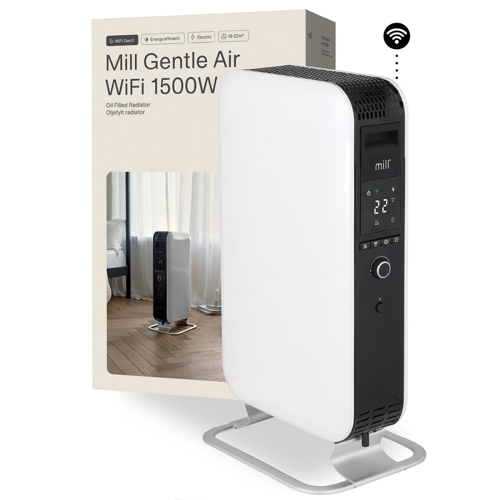 Mill 1500W Smart Wi-Fi Gentle Air Oil Heater – allergy-friendly portable electric oil column heater with Wi-Fi app control for medium rooms up to 18m² in Australia and New Zealand. Heat Boost Technology, quiet operation AU NZ.