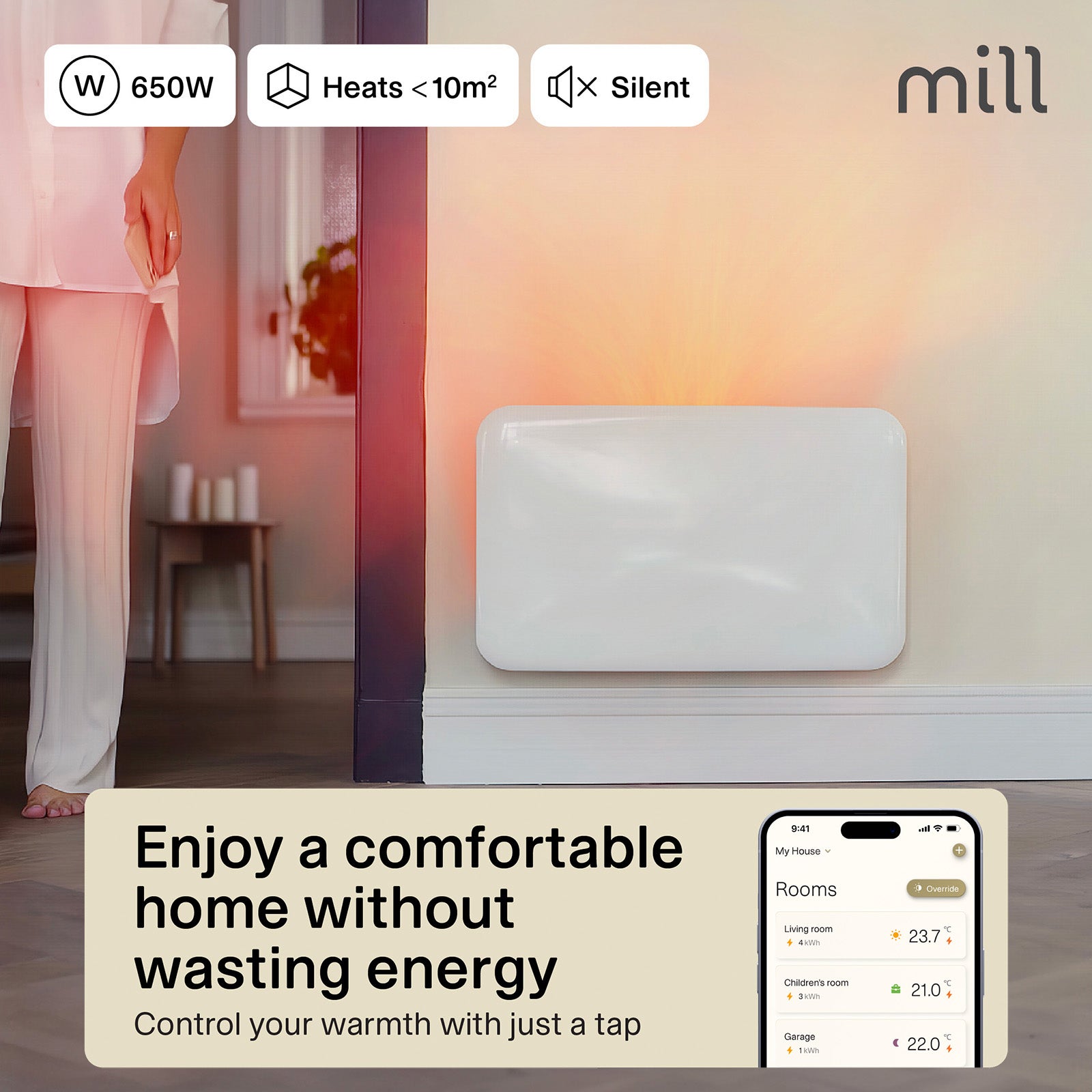 Mill 600W Smart Wi-Fi Invisible Panel Heater – Red Dot Award winning Scandinavian electric heater with Wi-Fi app control for rooms up to 10m² in Australia and New Zealand. IPX4 bathroom rated, child lock, quiet operation AU NZ.
