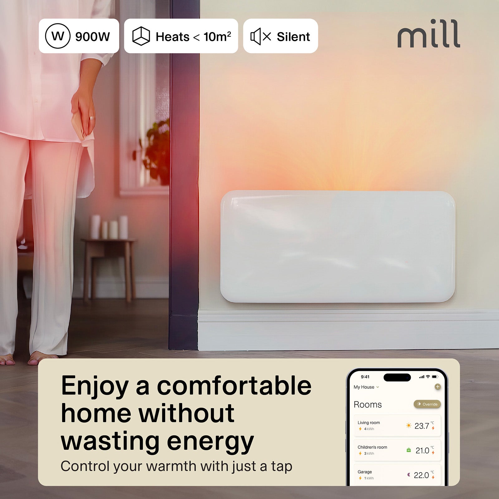 Mill 900W Smart Wi-Fi Invisible Panel Heater – award-winning Scandinavian electric heater with Wi-Fi app control for rooms up to 10m² in Australia and New Zealand. IPX4 bathroom safe, PID Wattage Tech, child lock AU NZ.